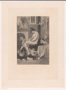 Donna nuda sul bordo di un letto circondata da demoni giocosi da Albert Bertrand (attributed to)
