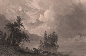 Vista del Lago Esther, Sierra Nevada, California, Stati Uniti, incisione su acciaio di Robert Hinshelwood dopo un dipinto di Albert Bierstadt da Albert Bierstadt