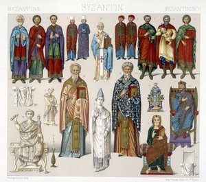 Costumi bizantini. Illustrazione in "Il costume storico" di Racinet da Albert Charles August Racinet