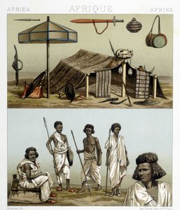 Accampamento e abbigliamento tradizionale della Nubia. Illustrazione in "Il costume storico" di Racinet da Albert Charles August Racinet