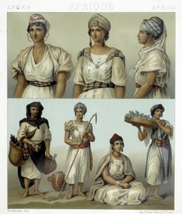 Costumi e copricapi delle donne kabyle (parte superiore). Costumi tunisini e algerini (parte inferiore). Illustrazione in "Il costume storico" di Racinet da Albert Charles August Racinet