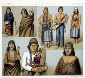 Costumi degli indiani della California. Illustrazione in "Il costume storico" di Racinet da Albert Charles August Racinet