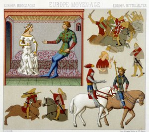 Costumi del Medioevo in Francia. Tavola cromolitografica - in "Il costume storico" di Racinet