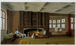 Signore inglese e la sua famiglia nella sua casa del XVII secolo. Tavola cromolitografica - in "Il costume storico" di Racinet