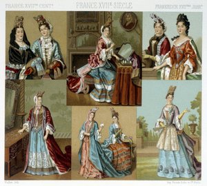 Moda e acconciature in Francia nel XVIII secolo - in "Le costume historique" di Racinet, fine XIX secolo da Albert Charles August Racinet