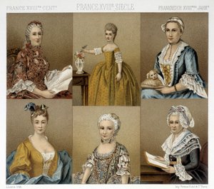 Moda femminile francese nel XVIII secolo. Illustrazione in "Le costume historique" di Racinet da Albert Charles August Racinet