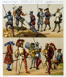 Costumi militari francesi nel XVI secolo. Tavola cromolitografica - in "Le costume historique" di Racinet da Albert Charles August Racinet