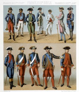 Costumi militari francesi nel XVIII secolo. Illustrazione in "Il costume storico" di Racinet