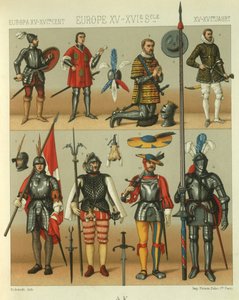 Illustrazione di armature di guerrieri europei da Albert Charles August Racinet