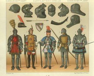 Illustrazione di armature di guerrieri europei da Albert Charles August Racinet