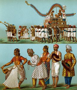 India, parate, musica, danze, di Auguste Racinet, litografia da Le Costume Historique, Volume I da Albert Charles August Racinet