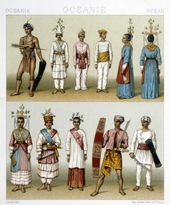 Abitanti delle isole Celebes in Indonesia. Illustrazione in "Le costume historique" di Racinet