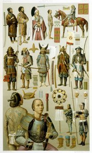 Costumi di guerrieri giapponesi (samurai o yakuza). Tavola cromolitografica - in "Le costume historique" di Racinet