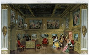 Uomini e donne in una ricca casa del XVIII secolo. Illustrazione in "Il costume storico" di Racinet da Albert Charles August Racinet
