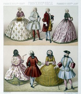 Uomini e donne con costumi alla moda del XVIII secolo in Francia. Illustrazione in "Le costume historique" di Racinet da Albert Charles August Racinet