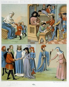 Medioevo: madre e figli, un tribunale, un matrimonio - in "Il costume storico" di Racinet da Albert Charles August Racinet