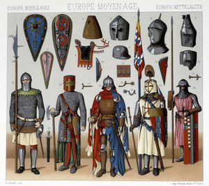 Costumi militari ed elmi in Francia dal XIII al XV secolo. Illustrazione in "Le costume historique" di Racinet da Albert Charles August Racinet