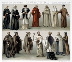 Costumi monastici in Europa dal XV al XVIII secolo. Illustrazione in "Le costume historique" di Racinet da Albert Charles August Racinet