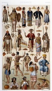 Popoli della Malesia e della Polinesia (Oceania). Illustrazione in "Le costume historique" di Racinet