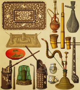 Pipa e oggetti usati dai fumatori, litografia da The Complete Costume History, primo volume da Albert Charles August Racinet