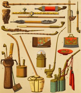 Pipa e oggetti usati dai fumatori, litografia di Schmidt da La Storia Completa del Costume, primo volume, di Auguste Racinet (1825-1893), Parigi da Albert Charles August Racinet