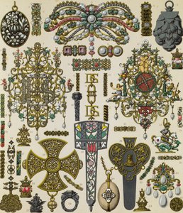 Gioielli del XVII secolo, litografia di Schmidt pubblicata in Le costume historique, Volume V da Albert Charles August Racinet