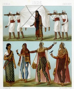 Trasporti e costumi femminili tradizionali. Illustrazione in "Le costume historique" di Racinet