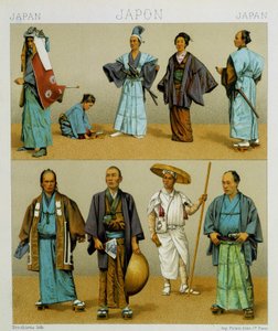 Vari costumi tradizionali giapponesi maschili, incluso il kimono. Tavola cromolitografica - in "Il costume storico" di Racinet