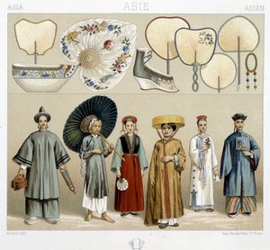 Vari costumi femminili in Cina: ventagli, scarpe... - in "Il costume storico" di Racinet da Albert Charles August Racinet