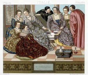 Costumi veneziani del XVII secolo. Illustrazione in "Il costume storico" di Racquet da Albert Charles August Racinet