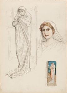 Aino Ackté come Alcestis, bozzetto del volto e due bozzetti del corpo intero da Albert Edelfelt