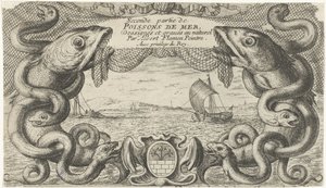 Paesaggio marino con bordo di animali marini e una rete da pesca (Pesci e altri animali marini - seconda serie) da Albert Flamen