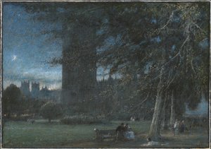 Figure sotto il Palazzo di Westminster al tramonto da Albert Goodwin