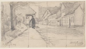 Strada a Køge con uomo che cammina