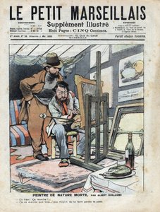 Un pittore in una soffitta dipinge nature morte, la bottiglia di vino e la torta usate come modello non stanno ferme. Illustrazione di Albert Guillaume (1873-1942) da "Le petit Marseillais" 04/05/1902