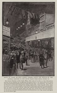 Scena notturna in King Street, Sydney, mentre venivano affissi i risultati delle elezioni generali nel Nuovo Galles del Sud da Albert Henry Fullwood