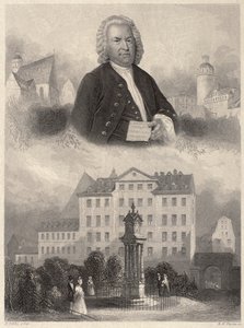 Ritratto di Johann Sebastian Bach, monumento di Bach e chiesa e scuola di San Tommaso a Lipsia, c. 1860 da Albert Henry Payne