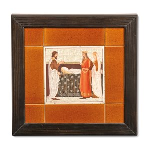 Piastrella dipinta con una scena medievale, c.1880-99
