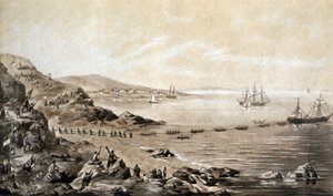 Installazione del primo cavo telegrafico transatlantico tra Irlanda e Canada (1857) incisione di Albert Kruger c.1870 da Albert Kruger