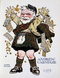 Caricatura di Andrew Carnegie in abito scozzese e che lancia denaro - di Albert Levering (1869-1929), in "Life" del 13/04/1905 da Albert Levering