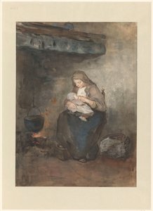 Madre allatta il suo bambino vicino al camino