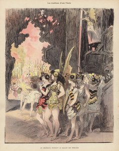 Dietro le quinte durante una produzione del Ballet des Insectes al Theatre du Chatelet, Parigi