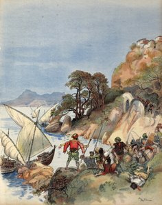 Pirati barbareschi terrorizzano la costa del Mediterraneo, rapendo gli abitanti per venderli come schiavi, illustrazione da 