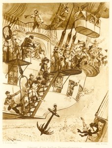 Départ d’un ballon transatlantique, da Le Vingtieme Siecle, pub. 1883 litografia, 1883 da Albert Robida