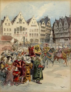 Elezione di Carlo V (1500-1558) come imperatore di Germania il 28 giugno 1519. Il corteo dei sette elettori attraversa le strade di Francoforte (Germania). Illustrazione da Albert Robida