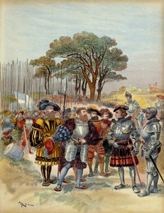 Quinta guerra italiana (1515-1516): al campo ritirato dalla Bicocca davanti a Milano (Italia), nel 1516, gli svizzeri chiedevano paga, congedo o battaglia, Odet de Foix, Visconte di Lautrec, maresciallo di Francia (1485-1528) non poteva pagarli. Illustrazi