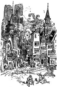 Il gigante Gargantua cammina per Parigi, seminando panico e distruzione sul suo cammino. Impara a sputare sulla Cattedrale di Notre Dame de Paris, le cui torri sullo sfondo si distinguono. Con questo sputo, più di 3000 parigini saranno annegati! Illustrazi