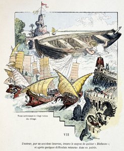 Gulliver e la sua gigantesca barca nel porto dei Lillipuziani - in "Viaggi di Gulliver" di Jonathan Swift (1721), ill. di Robida da Albert Robida