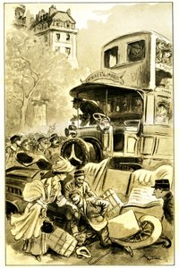 Illustrazione di Albert Robida (1848-1926) per il libro di Leon Berthault “Le record du tour du monde”, edizione Mame inizio XX secolo (1911) - un incidente stradale a Parigi intorno al 1900: auto colpita da un omnibus. Il conducente è ferito da Albert Robida