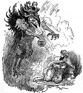 Illustrazione di Albert Robida (1848-1926) di una leggenda araba (Le mille e una notte): un demone orribile (genio malvagio) presenta a un uomo una bottiglia di vino. Incisione del libro “Scelta di letture” Armand Colin 1926